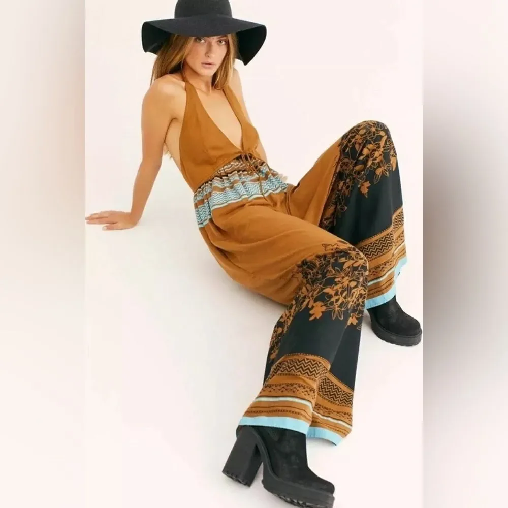 Free People Women's Palm Beach Printed Wide leg Halter Jumpsuit Size Medium